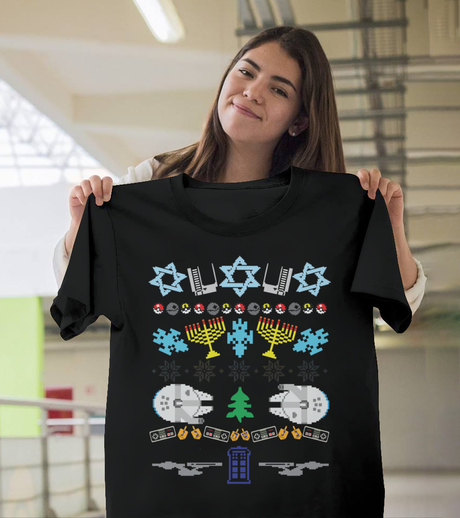 Hanukkah Star Wars Millennium Falcon TARDIS PokE Ball Retro Gaming Controllers Ugly T-Shirt