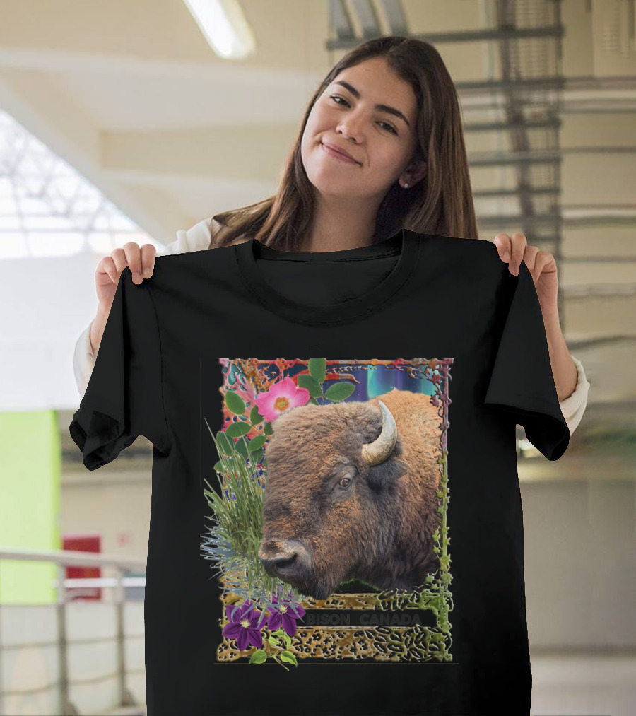 Bison Canada with Vibrant Floral Border and Horned T-Shirt