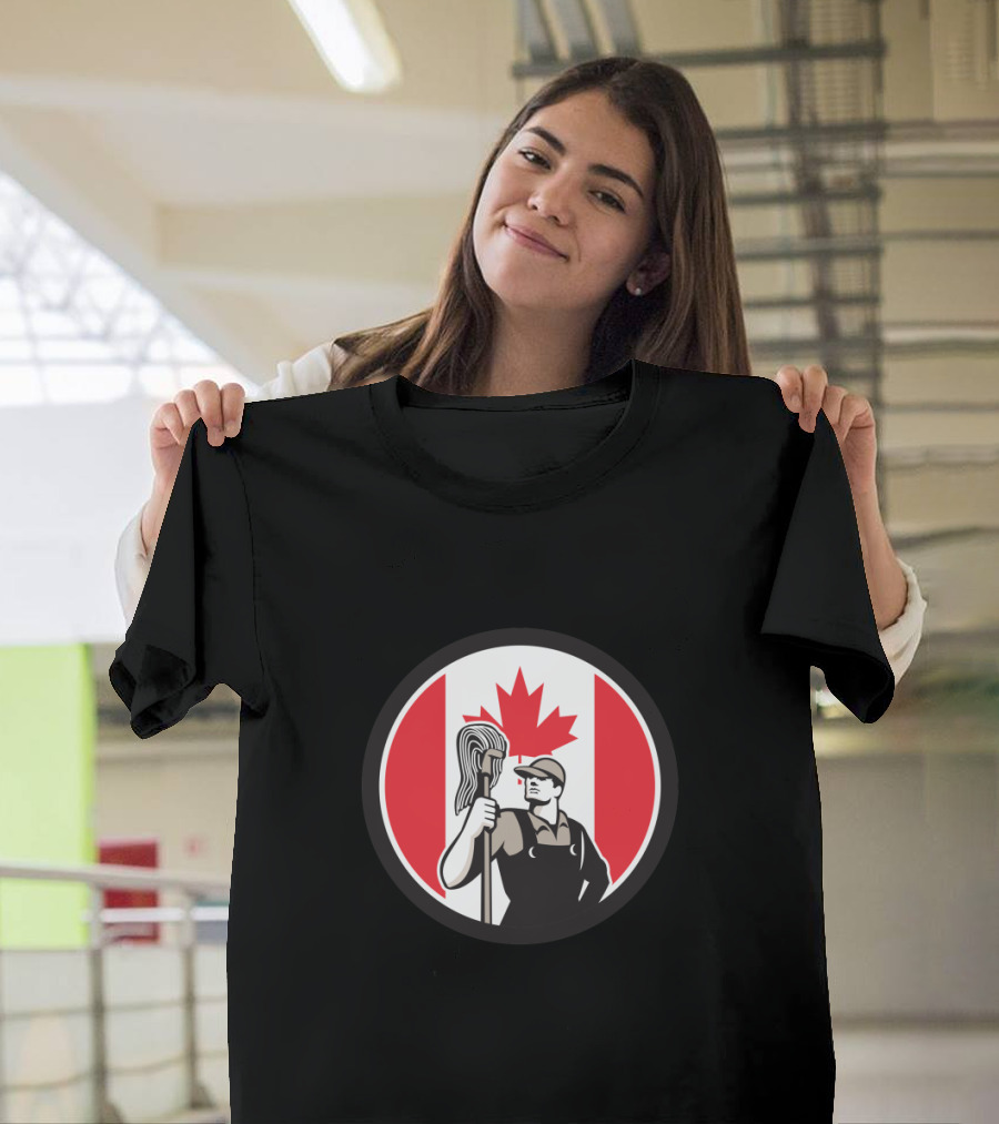 Canadian Workers Emblem with Industrial Cleaner Holding Mop and Canada Flag T-Shirt