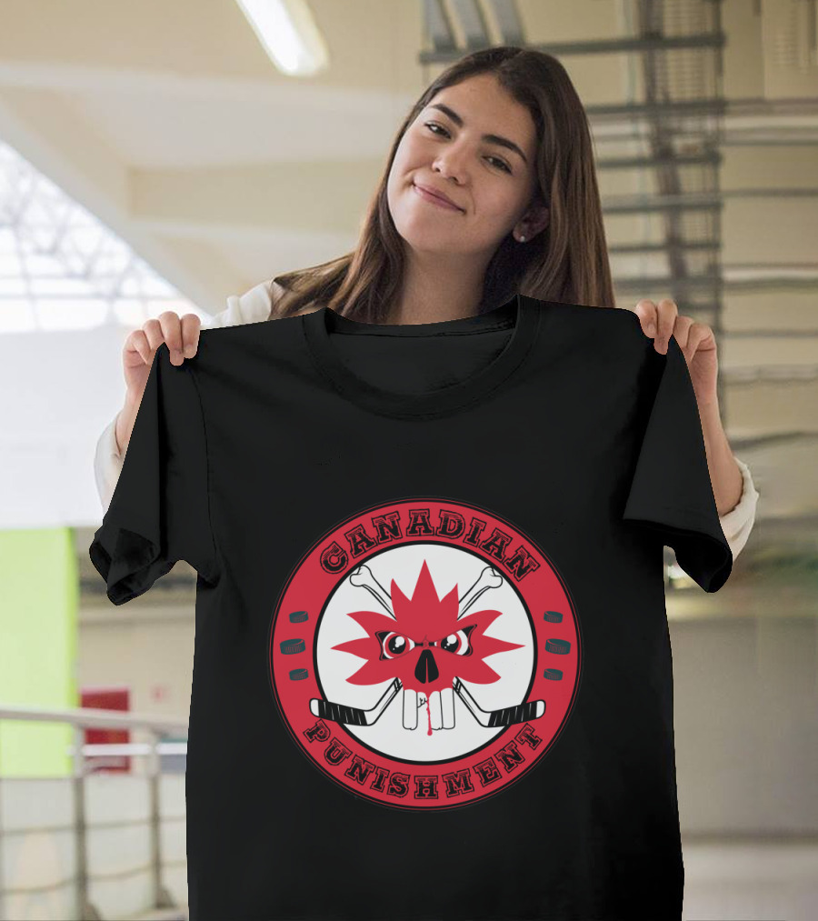 Canadian Punishment Circle Hockey Emblem with Angry Maple Leaf and Crossed Sticks T-Shirt