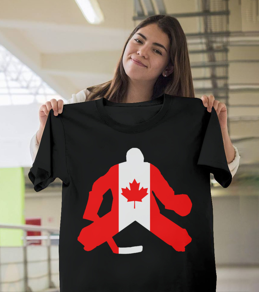 Canadian Flag Goalie Silhouette Ice Hockey Emblem T-Shirt