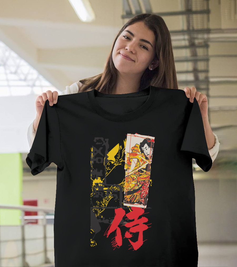 Samurai Ukiyo-e Style Artwork with Red Kanji Character T-Shirt
