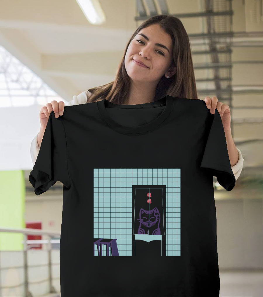 Japanese Noren Purple Cat in Tiled Room with Red Kanji Decor T-Shirt