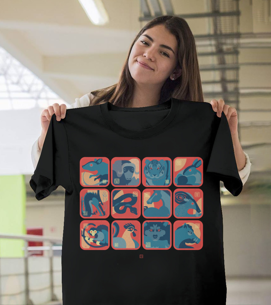 Twelve Chinese Zodiac Animals Illustration Blue and Red Blocks T-Shirt