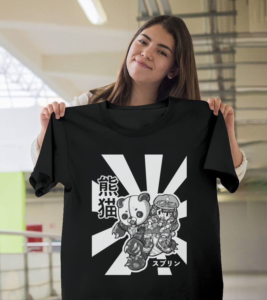 Panda Attack with Mecha and Rider on Striped Sunburst Background T-Shirt