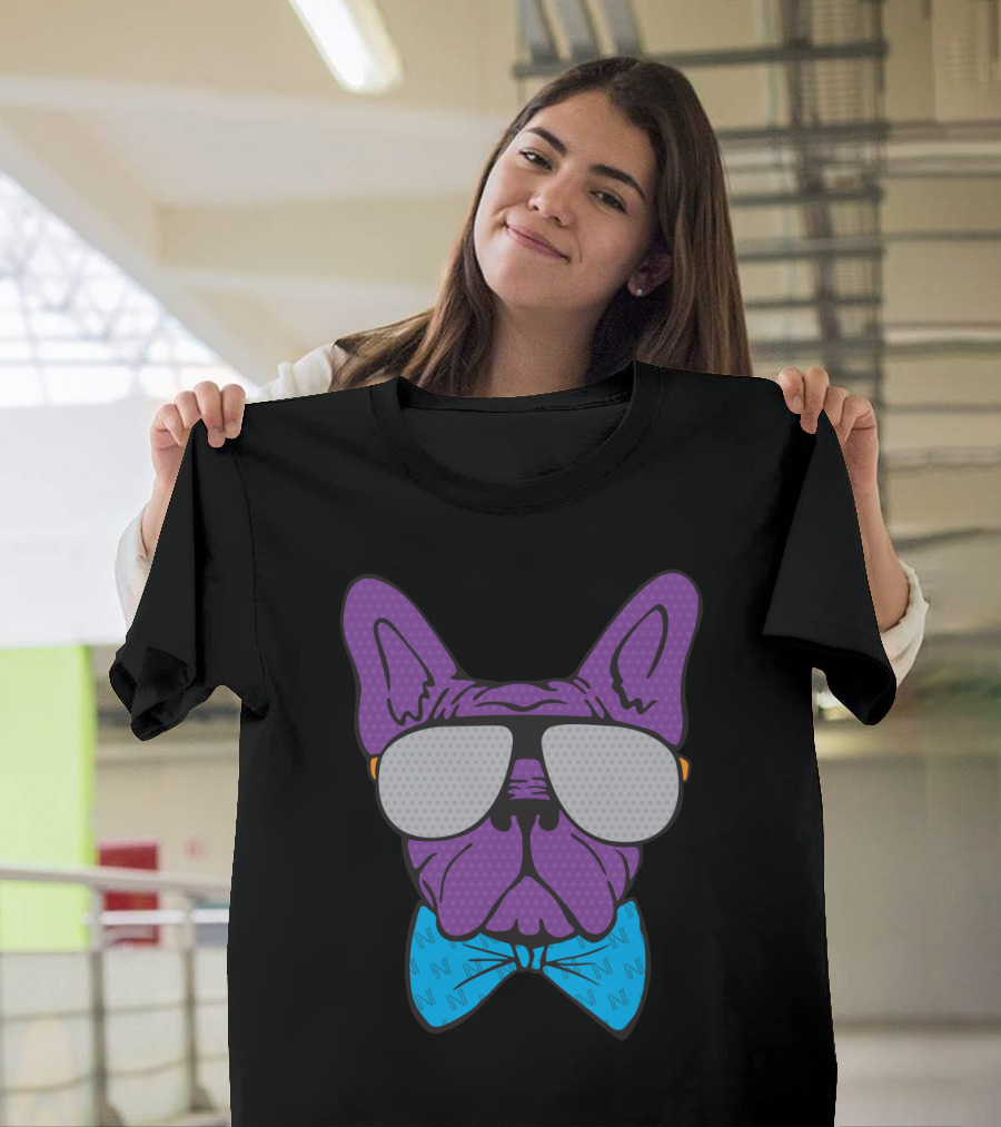 Frenchy Purple French Bulldog Illustration with Sunglasses Bow Tie T-Shirt