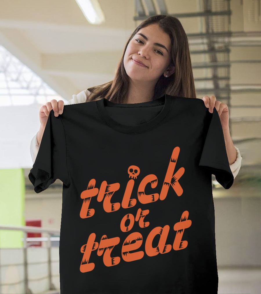Trick or Treat Skull Halloween Orange Letters T-Shirt