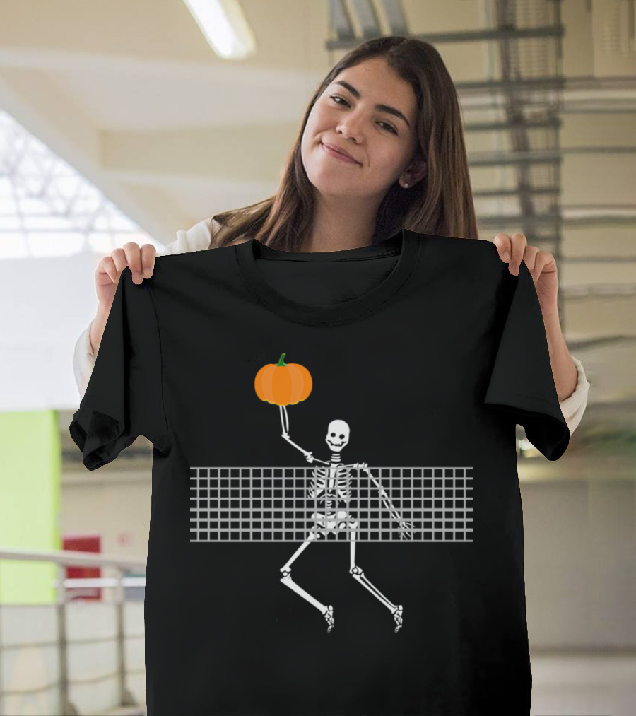 Halloween Skeleton Playing Volleyball with Pumpkin Jump T-Shirt