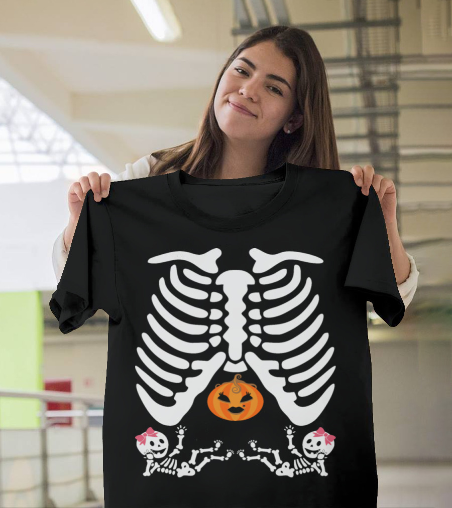 Pregnant Halloween Skeleton Rib Cage with Pumpkin and Twin Girl Skeletons T-Shirt