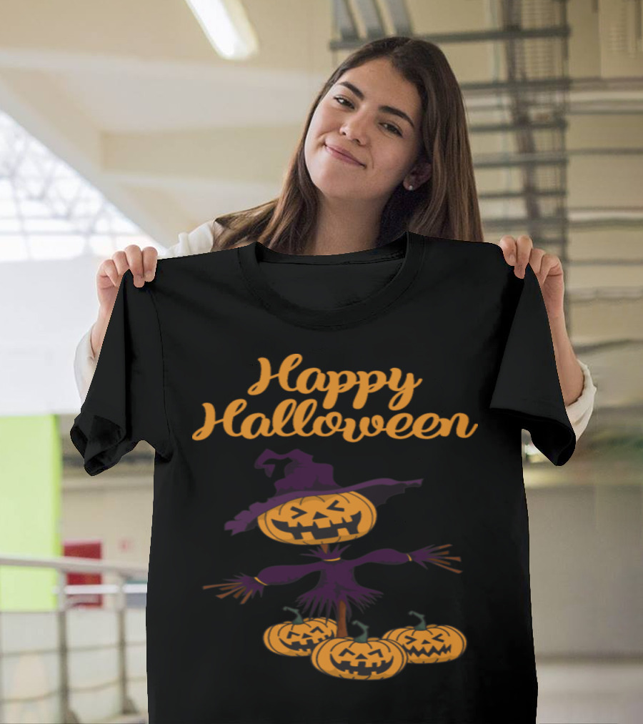 Happy Halloween Pumpkin Scarecrow with Witch Hat and Jack-O'-Lanterns T-Shirt