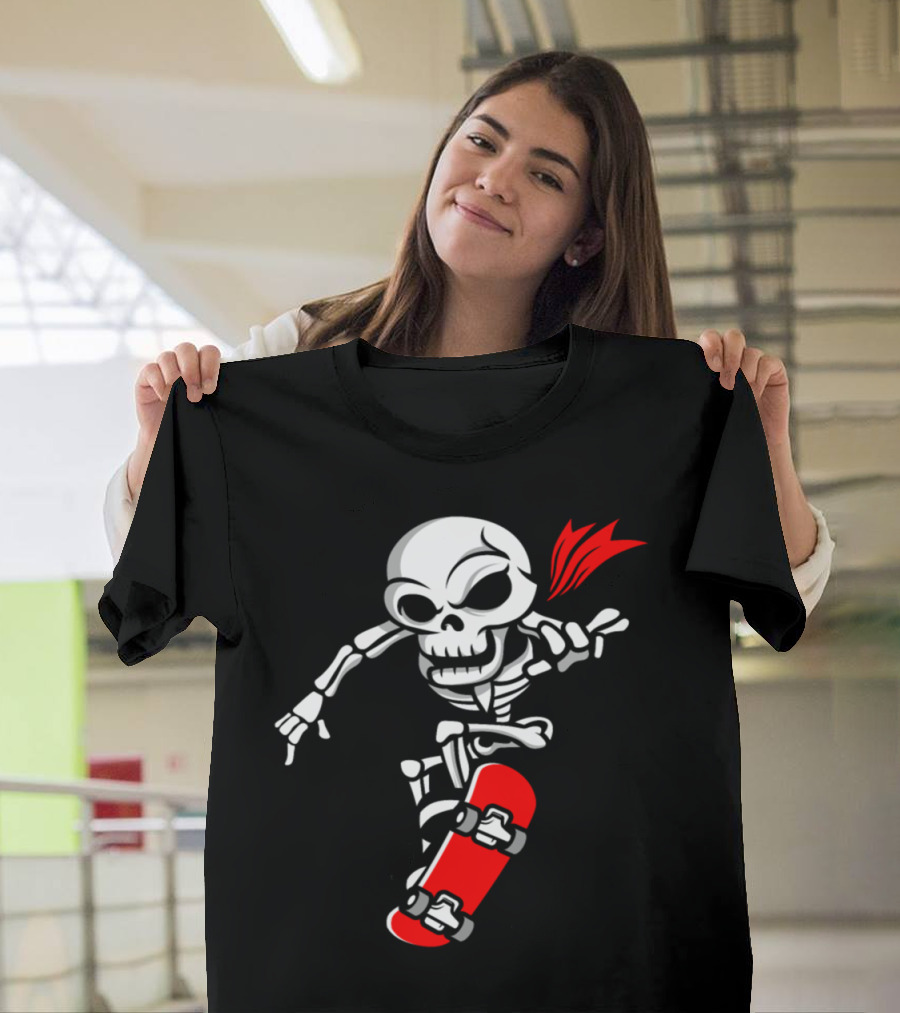 Skull Skeleton Skateboarder with Red Board Streetwear Fun T-Shirt