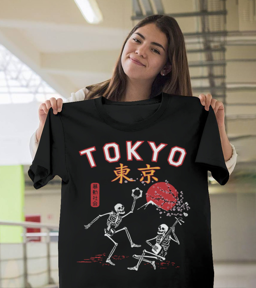TOKYO Cherry Blossom Skeletons Dancing Japan Mount Fuji T-Shirt