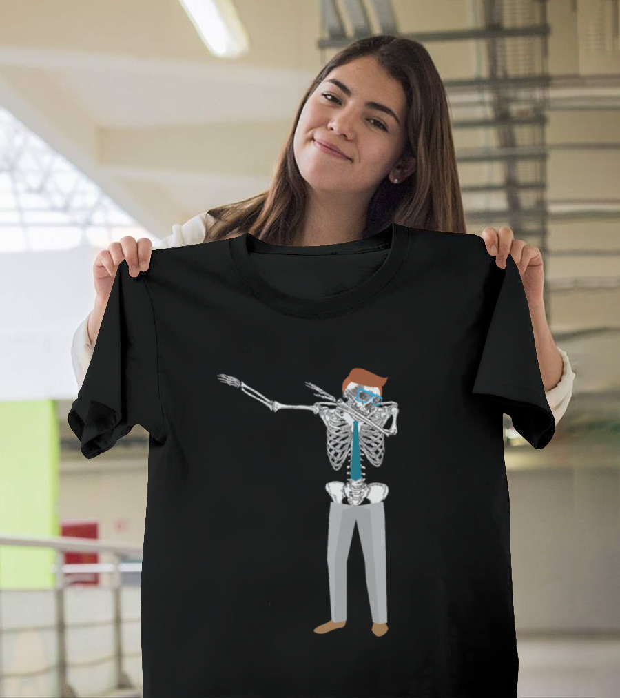 Dabbing Halloween Skeleton in Pants with Sunglasses and Hair T-Shirt