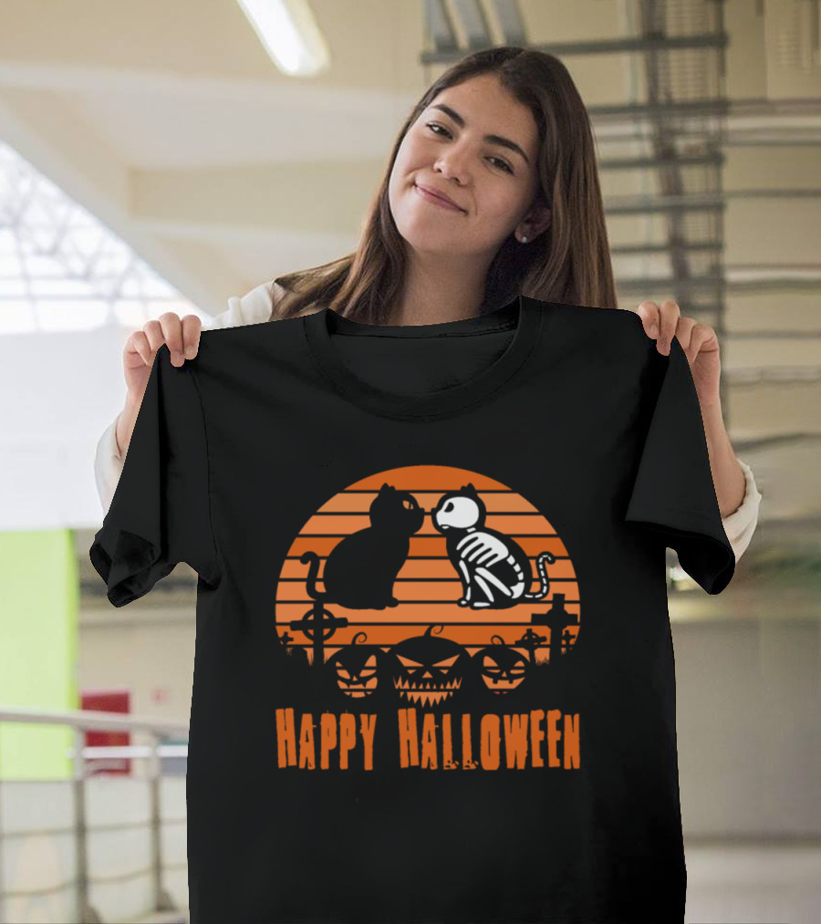 Happy Halloween Cat Skeleton Sunset with Pumpkins T-Shirt