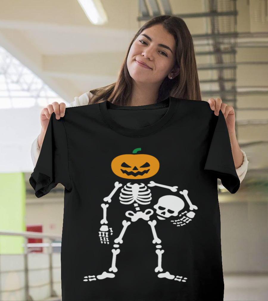 Skeleton with Pumpkin Head and Skull T-Shirt