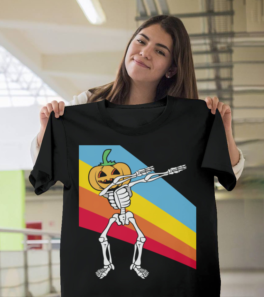 Vintage Halloween Dab Skeleton Pumpkin Retro Rainbow T-Shirt