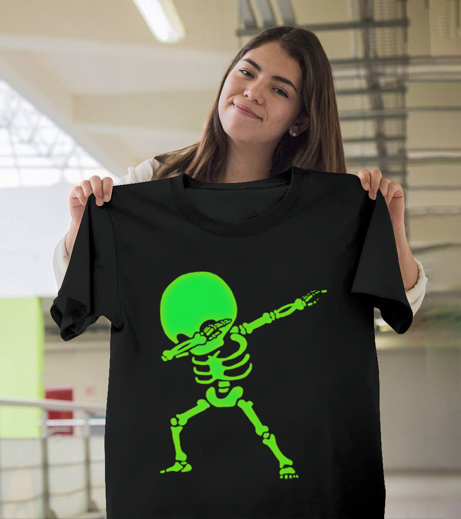 Dabbing Neon Glow Big Head Skeleton T-Shirt