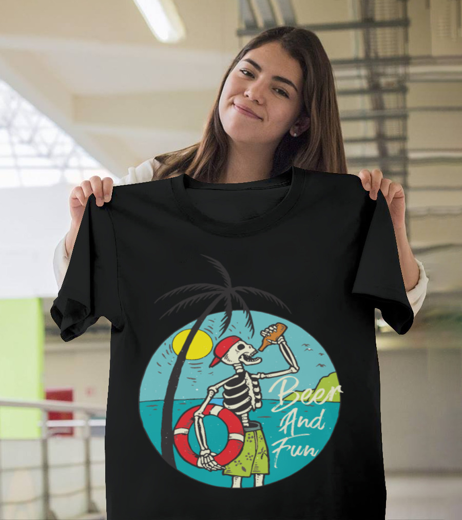 Sunny Beer And Fun Skeleton Beach Scene T-Shirt