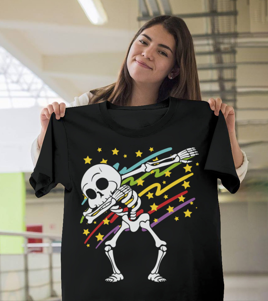 Disco Party Music Dabbing Dab Skeleton with Stars and Colorful Streaks Halloween T-Shirt