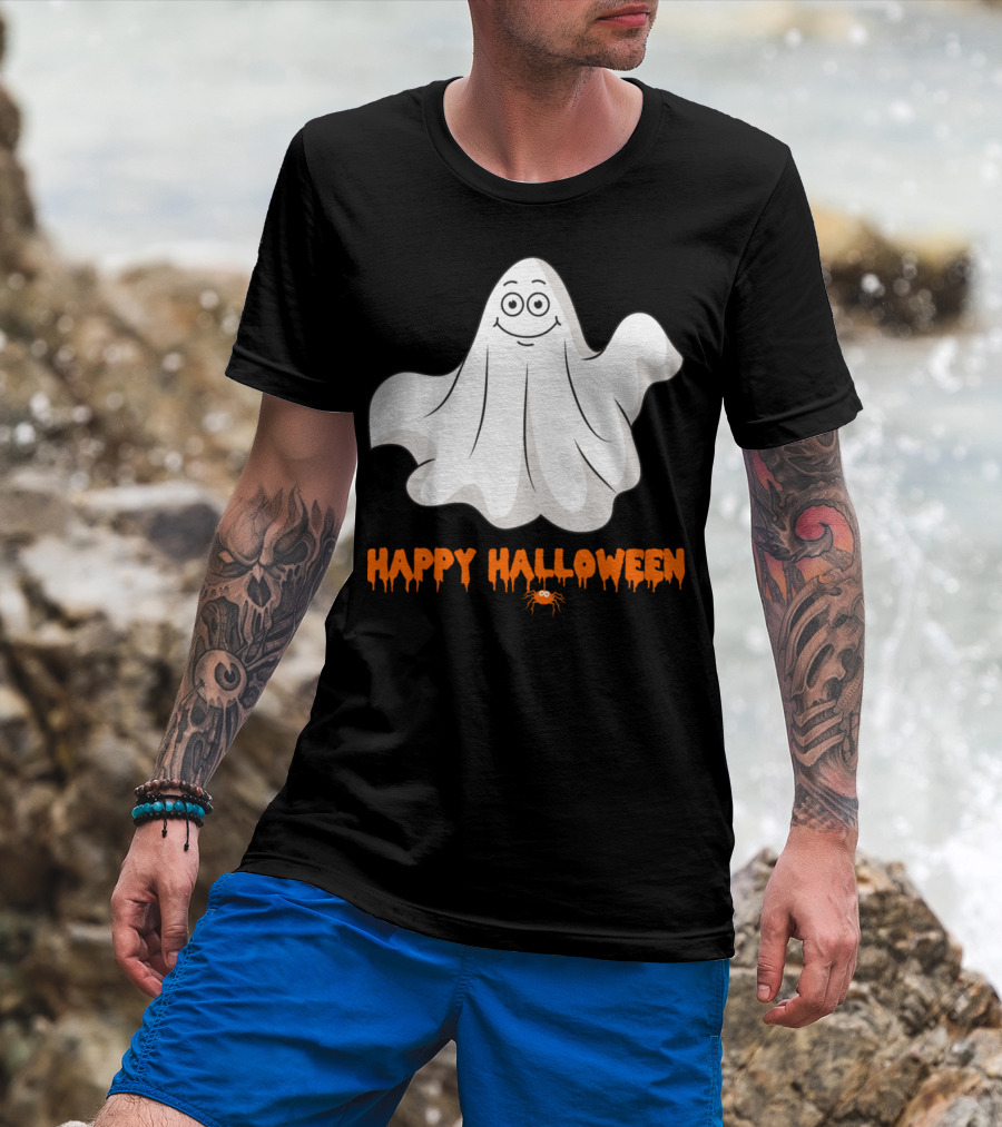 Happy Halloween Ghost With Spider Trick Or Treat Zombie Horror Scary T-Shirt