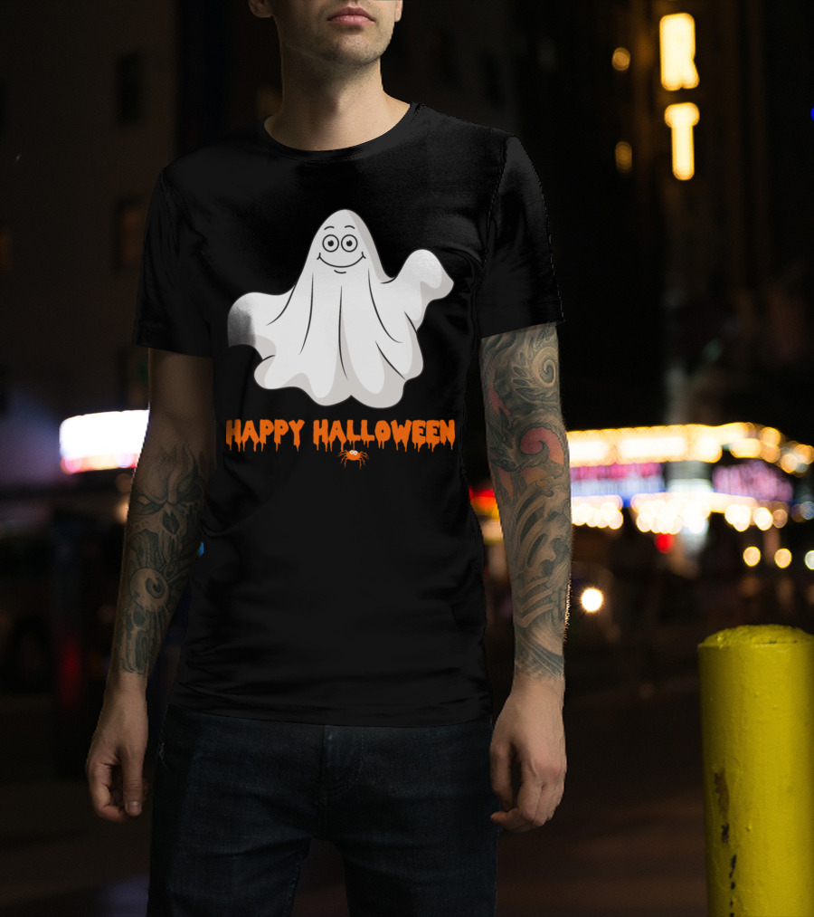 Happy Halloween Ghost With Spider Trick Or Treat Zombie Horror Scary T-Shirt