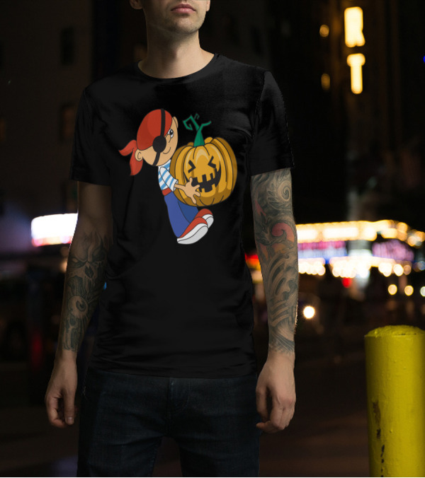 Halloween Pirate Pumpkin Character Hugging Jack-O-Lantern T-Shirt