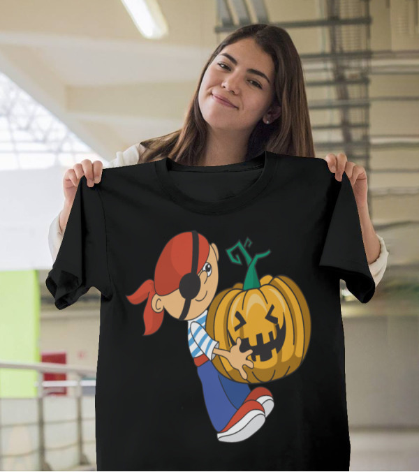 Halloween Pirate Pumpkin Character Hugging Jack-O-Lantern T-Shirt