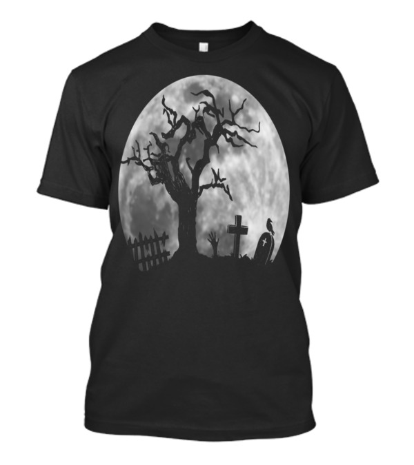 Cool Halloween Graveyard Zombie Hand Creeping Out Under Full Moon With Spooky Tree And Tombstones T-Shirt