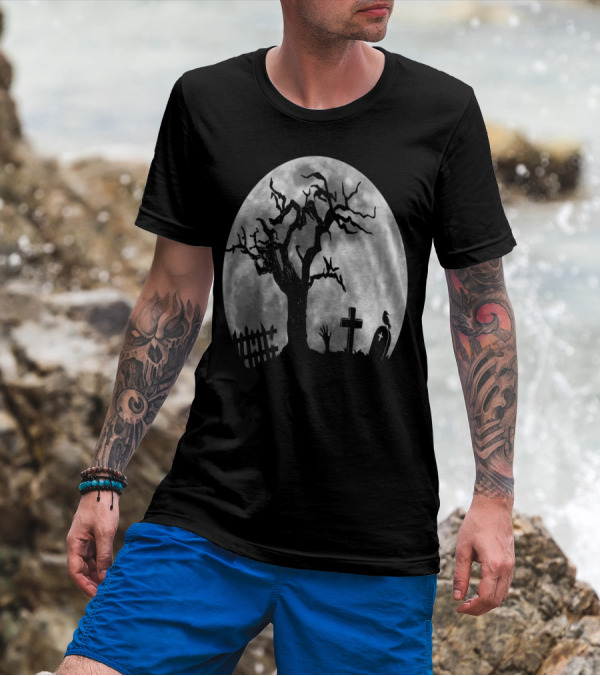 Cool Halloween Graveyard Zombie Hand Creeping Out Under Full Moon With Spooky Tree And Tombstones T-Shirt