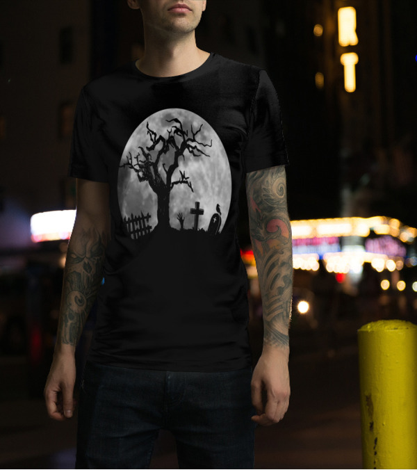 Cool Halloween Graveyard Zombie Hand Creeping Out Under Full Moon With Spooky Tree And Tombstones T-Shirt