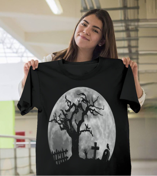 Cool Halloween Graveyard Zombie Hand Creeping Out Under Full Moon With Spooky Tree And Tombstones T-Shirt