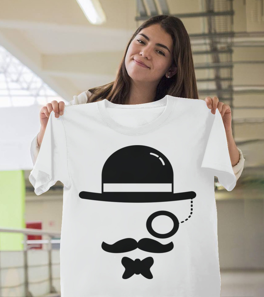 Hipster Bowler Hat Mustache Monocle Bow Tie T-Shirt