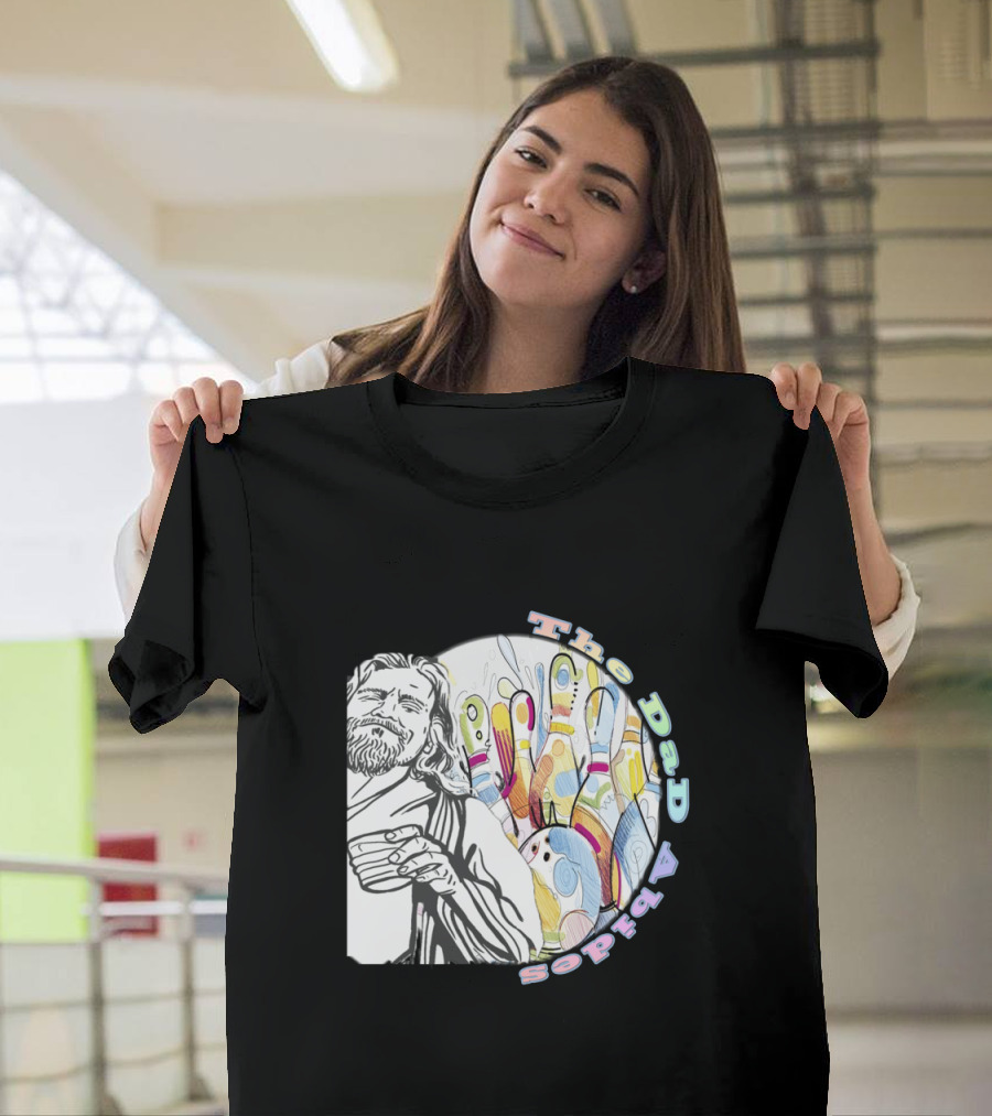 The Dad Abides Bowling Graphic with Leisurely Character and Pins T-Shirt