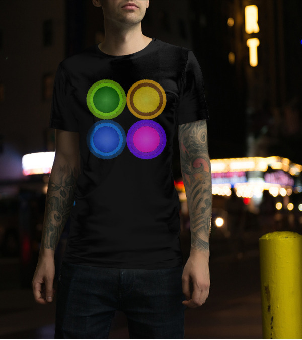 Four Glassy Circles Green Yellow Blue Pink T-Shirt