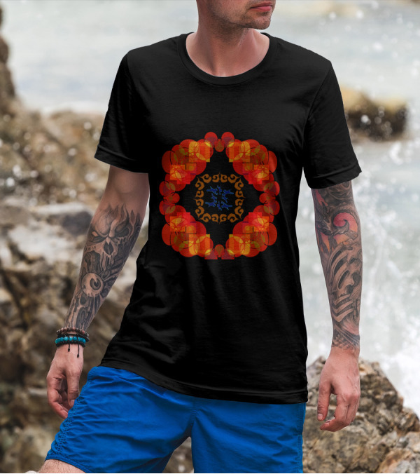 Segmented Circles Hidden Squares Symmetrical Pattern Orange Blue Motif T-Shirt