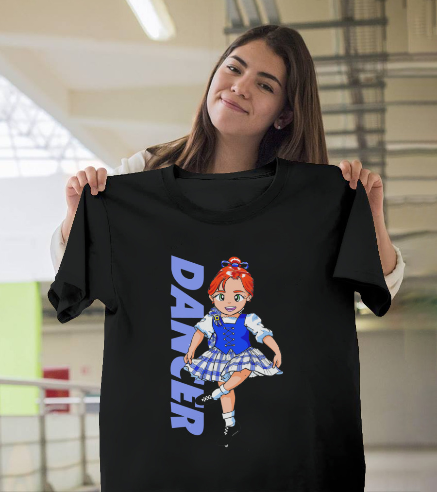 DANCER Irish Step Dance Girl in Blue Dress with Red Hair and Black Shoes T-Shirt