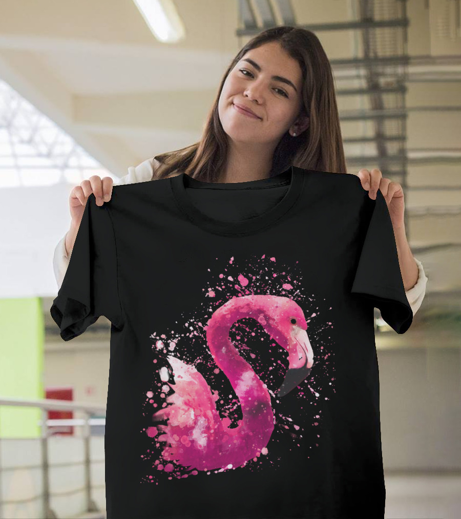 Flamingo Pink Watercolor Artistic Bird Splatter Animal Painting T-Shirt