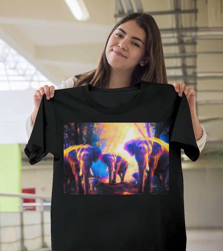 Elephants Family in Luminous Forest Twilight T-Shirt
