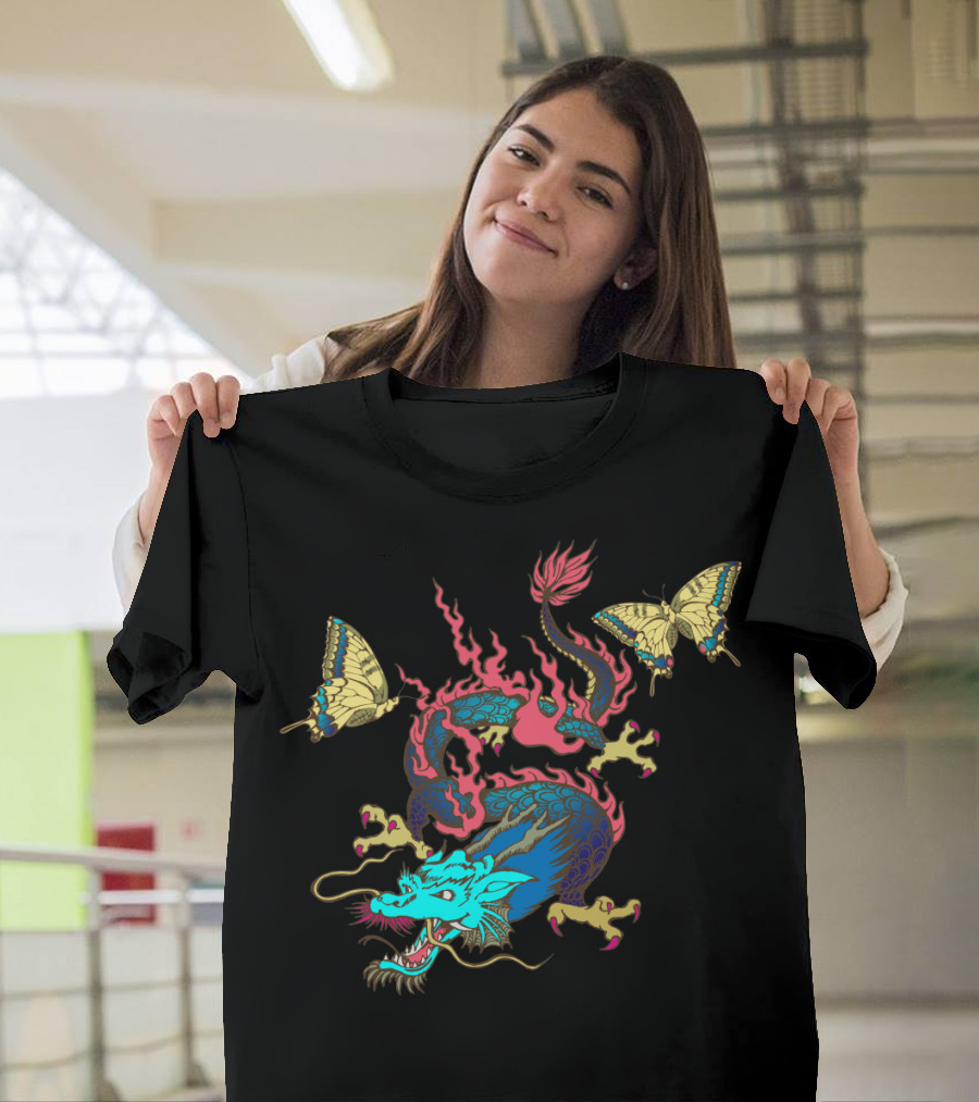 Dragon and Butterfly Colorful Mythical Design with Vibrant Flames and Majestic Wings T-Shirt