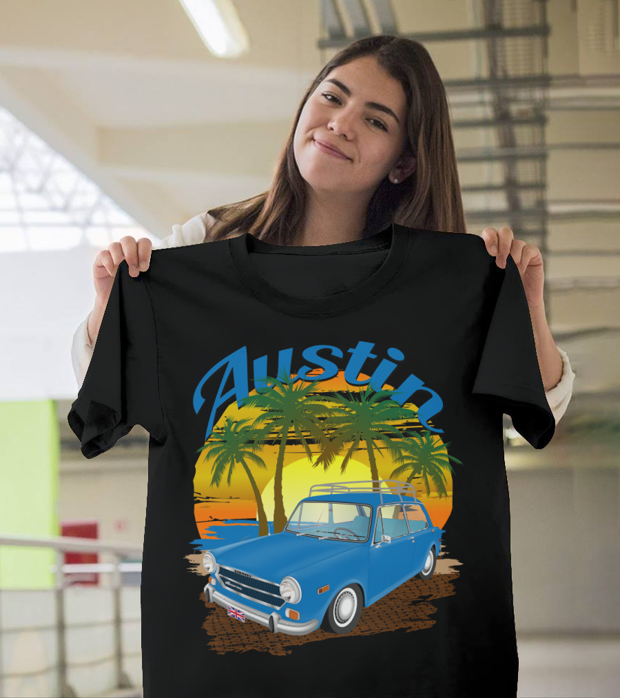 Austin Scenic Sunset Classic Blue Car with Palm Trees and UK Flag T-Shirt