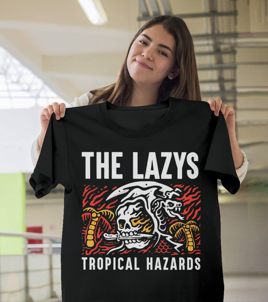 The Lazys Tropical Hazards Skull and Palm Trees Illustration in Red and Yellow T-Shirt