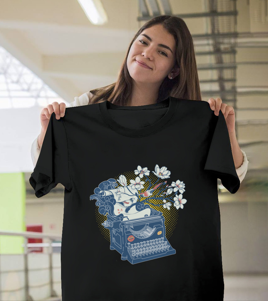 Vintage Typewriter Blossoms with Cherry Blossoms and Clouds T-Shirt