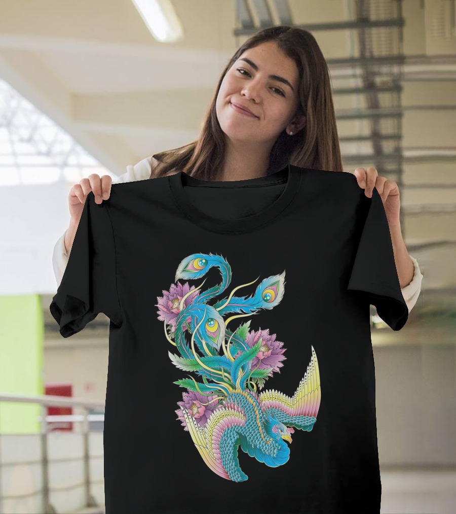 Majestic Elegant Bird with Vibrant Peacock Feathers and Blossoms T-Shirt