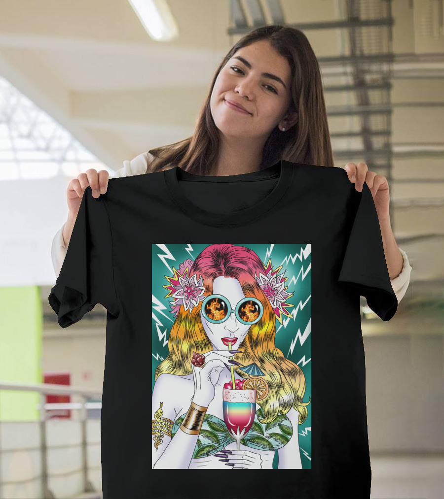 Beach Frenzy Fire Glasses Lightning Flower Hair Tropical Drink T-Shirt