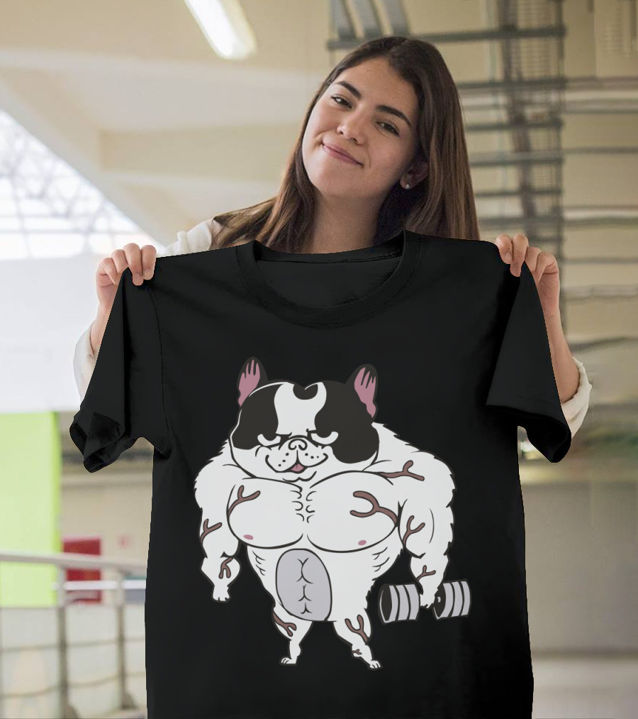 Buff Frenchie Lifting Dumbbell with Muscular Body and Cartoon T-Shirt
