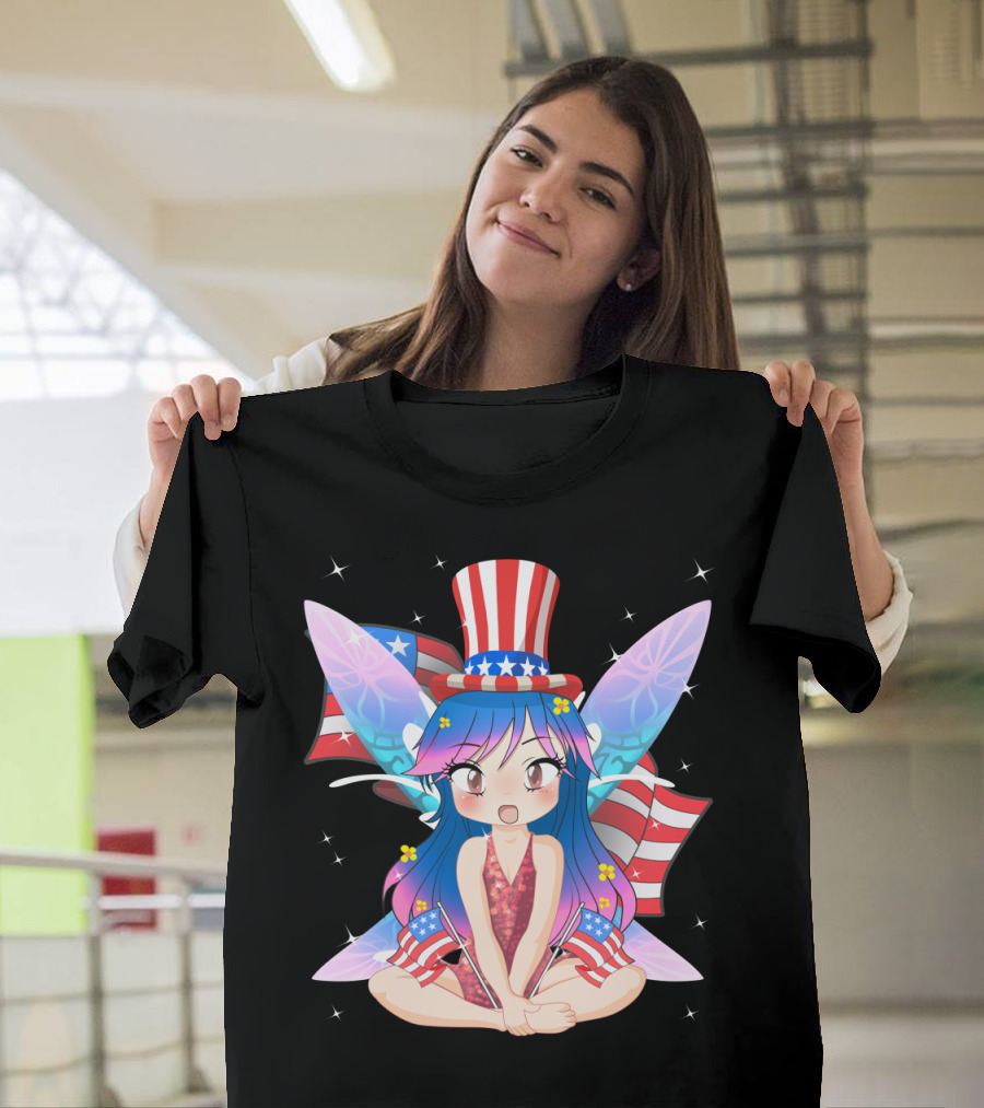 Patriot Fairy with Stars and Stripes Hat and Wings Celebrating American Independence Day July T-Shirt