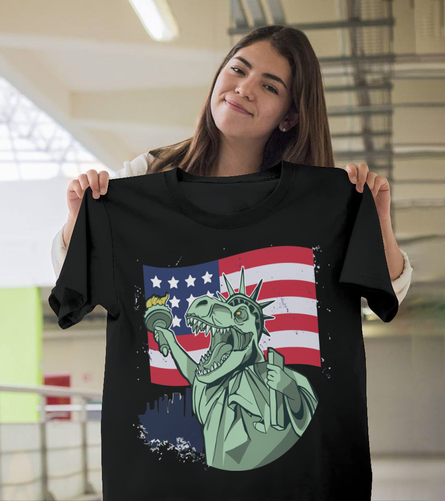 4th of July USA Flag Dinosaur Liberty Torch T-Shirt