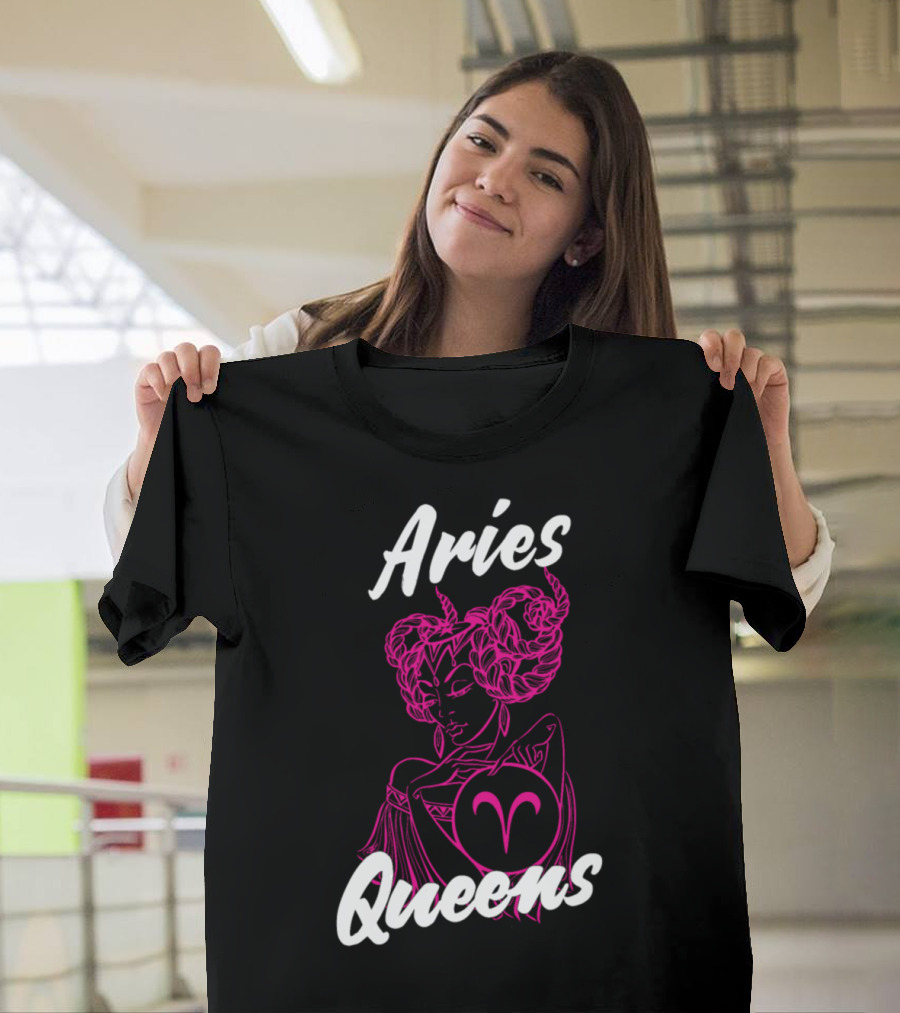 Aries Queens Zodiac Symbol with Regal Illustration Pink and White T-Shirt