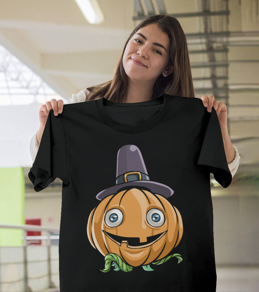 Thanksgiving Pumpkin Cartoon with Pilgrim Hat T-Shirt