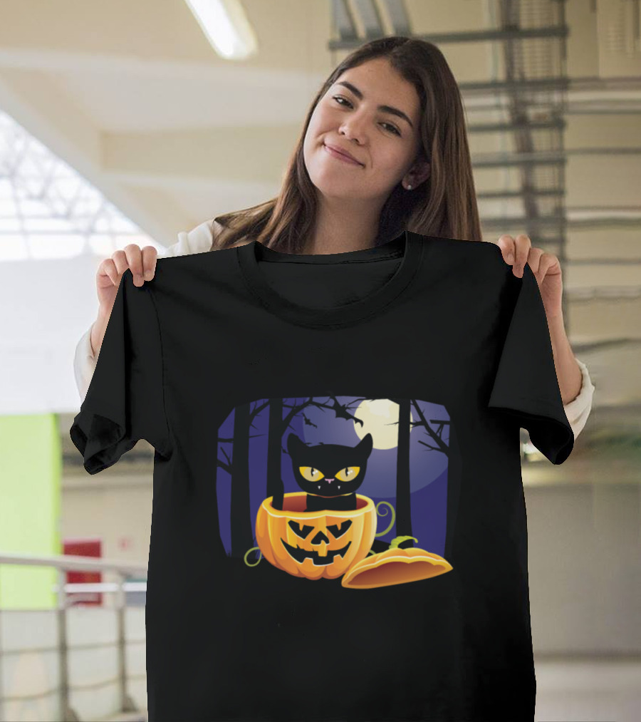 Black Cat in Pumpkin on Halloween Night with Jack O Lantern T-Shirt